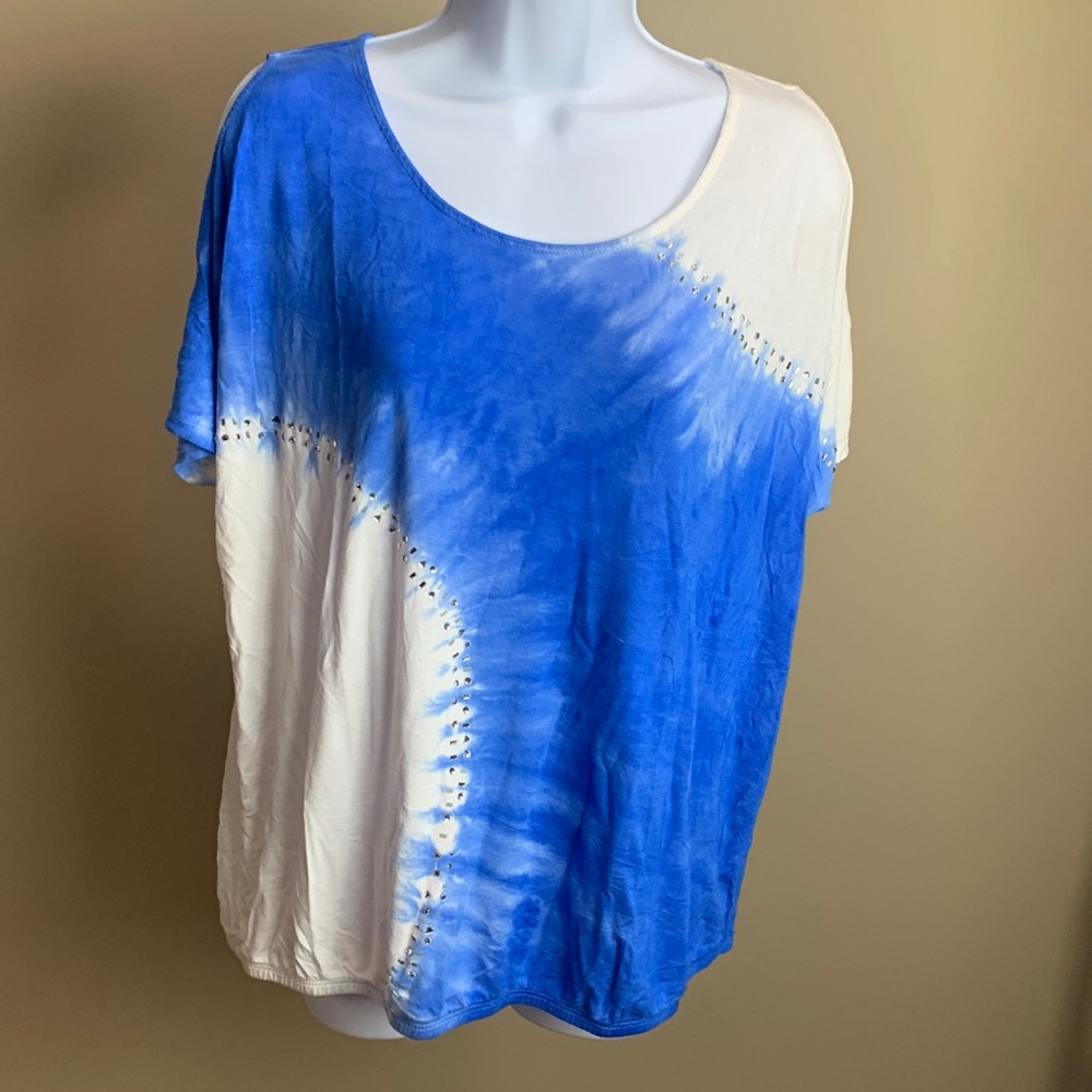 International Concepts embellished short sleeve, cold shoulder top.